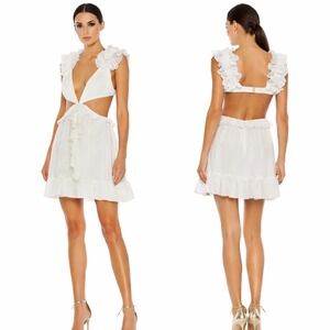 Mac Duggal Leena White Cut Out Mini Dress Womens 8 Ruffled V‎ Neck Sleeveless